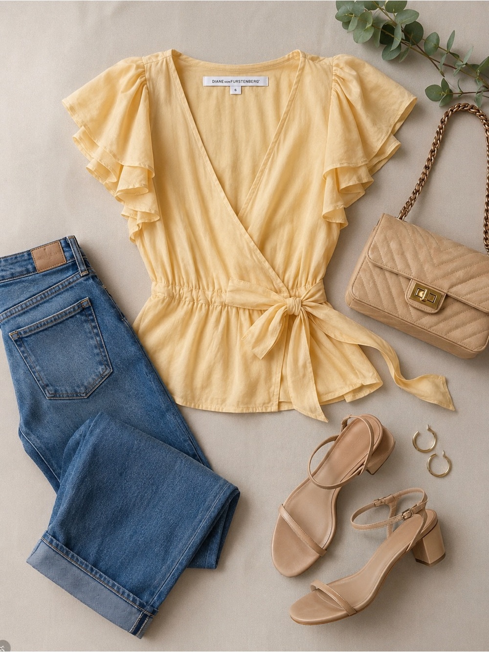 Diane Von Furstenberg Light Cream Ruffle Sleeve Wrap Blouse